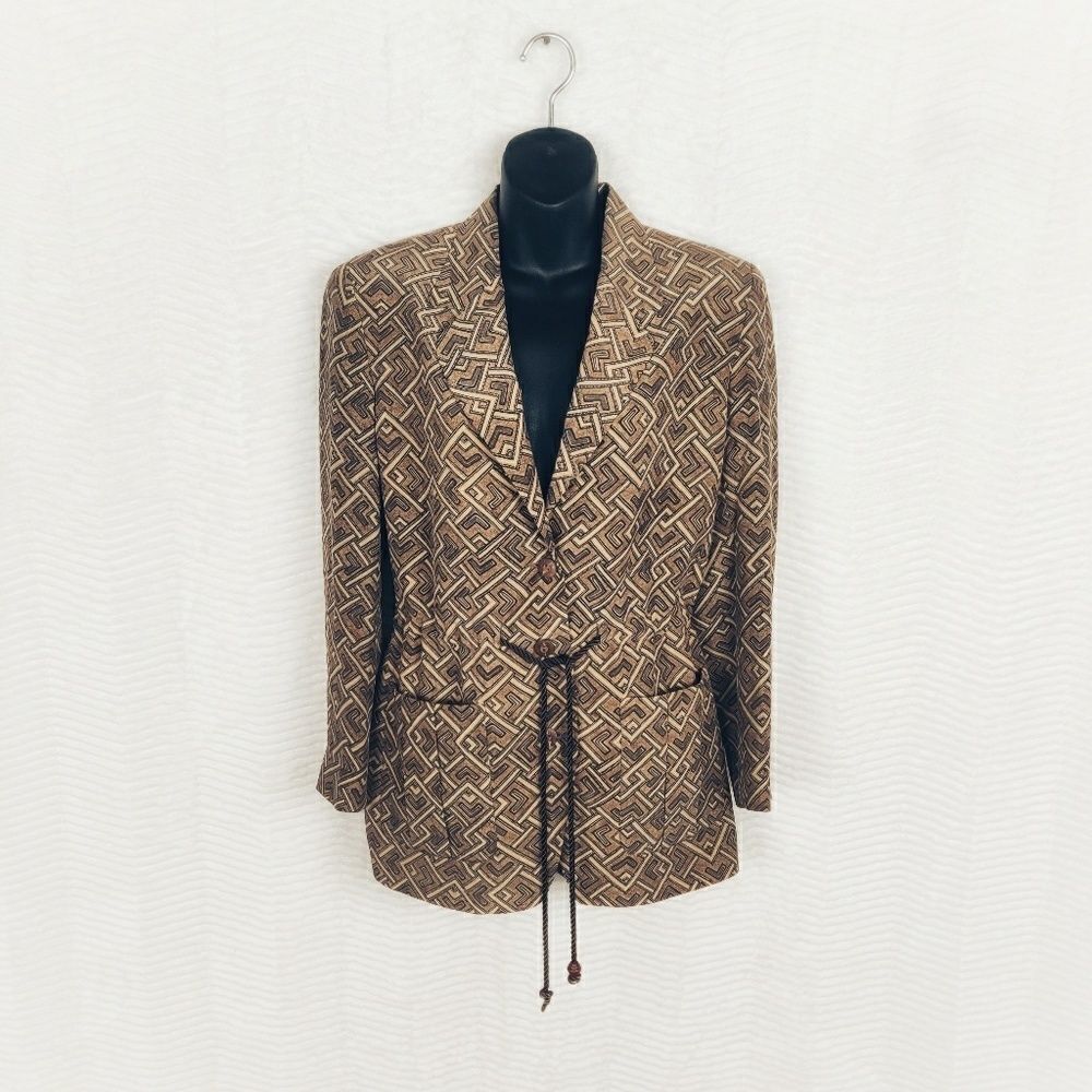 August Silk Geometric Brown Tie Waist Blazer Sz 6